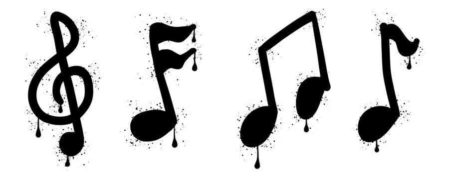 Musical note graffiti with black spray paint splatter