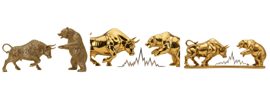 Set of gold financial bull and bear market statues isolated on white background cutout