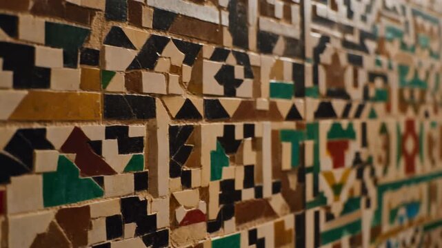 Close-up side view of colorful traditional Moroccan Zellige mosaic tile wall texture with shallow depth of field