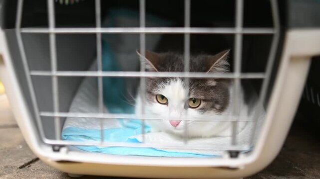 A cute cat is in a big cage ready to go in a vet clinic or in an animal shelter. White fluffy tomcat sitting in an animal carrier waiting for trip