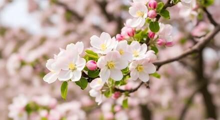 Obraz premium Close up of an apple tree branch with delicate white and pink blossoms in spring. Soft focus background.