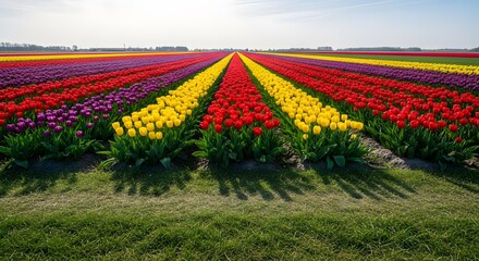 Expansive Field of Colorful Red, Yellow and Purple Tulips in Spring