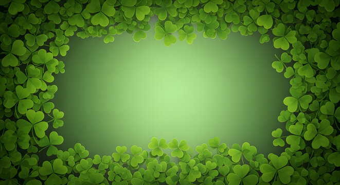 St patrick's day green shamrock border background with lucky four leaf clover frame