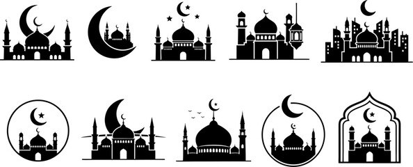 Set of Islamic mosque silhouettes and crescent moon architectural icons. Collection of various masjid domes and minarets for religious graphic design and banners © Muhammad Surya