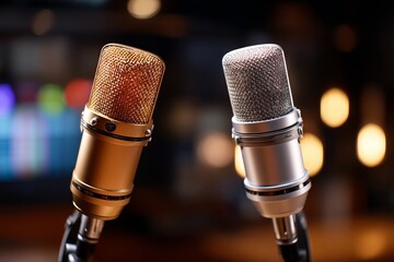 Obraz premium Close-up of Golden and Silver Microphones in a Modern Podcast Studio Interior