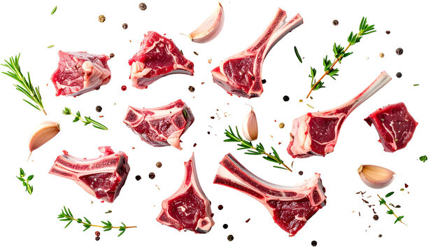 Raw lamb chops, herbs, peppercorns, and garlic against a black background