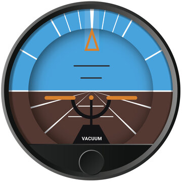 Fully editable vector illustration of a classic vacuum-driven aircraft attitude indicator (artificial horizon) in Adobe Illustrator AI EPS format. Both pitch and bank angles can be easily adjusted.