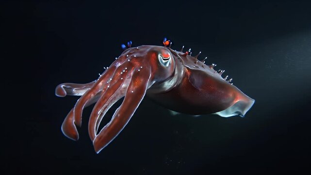 Vampire Squid Gliding Through the Deep Sea with Bioluminescent Glow at Night