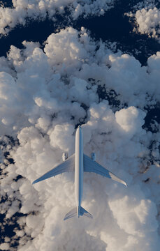 Airplane passing high in the sky above the clouds