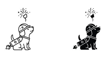 Obraz premium Two Cartoon Dogs Wearing Helmets and Harness Looking Up at Fireworks