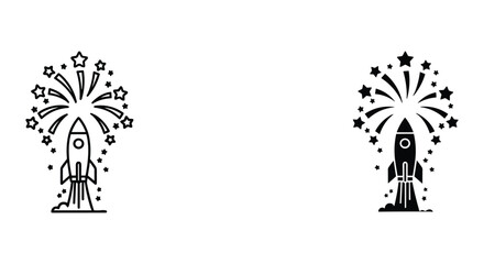 Black and White Rocket Launch with Fireworks and Stars Illustration