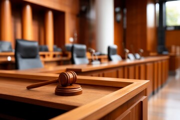 Courtroom Interior with Wooden Panels and Empty Witness Stands for Legal Use