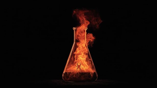 A triangular laboratory flask filled with fiery flames, contrasted against a stark, black background