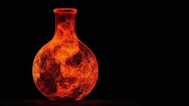 A glowing, bottle-shaped object, engulfed in fiery, orange and red light, contrasted against black