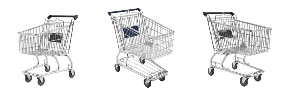 Set of empty metal shopping carts isolated on white background