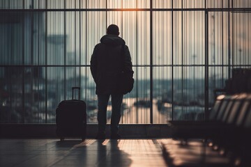 Fototapeta premium Solitary Traveler Waiting in Front of Closed Departure Gate at Airport