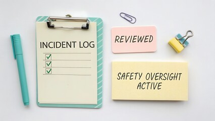 Incident Log Clipboard with Paper Clips and Pens for Safety Oversight and Review Process in Workplace Environment