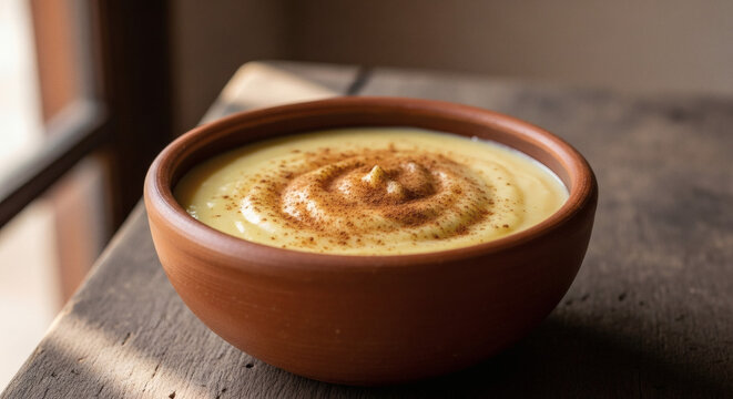 Curau corn cream in rustic clay bowl