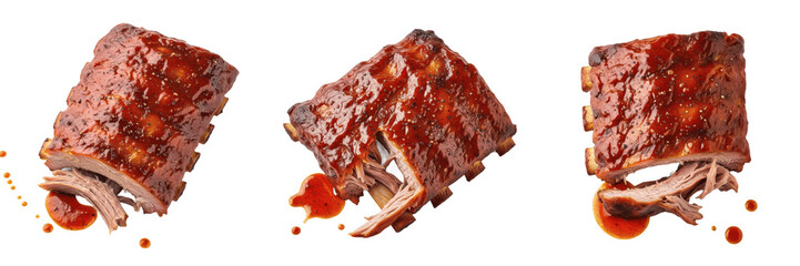 Set of grilled pork ribs with barbecue sauce isolated on white background © Farman