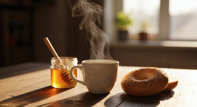 Breakfast scene with coffee cup and bagle