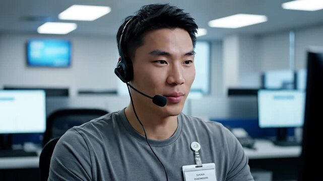 Asian man with headset works in a call center office typing on keyboard