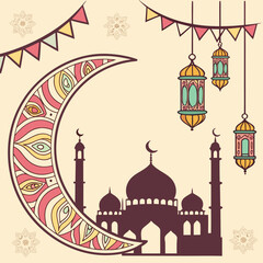 Ornate Ramadan Kareem greeting card with crescent moons and lanterns in intricate design