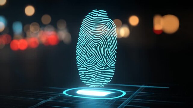 Glowing fingerprint emerges, light lines forming a complex pattern against a blurred background