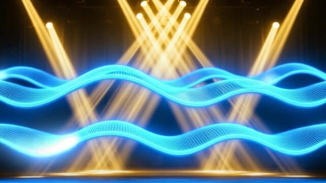 Illuminating Abstract Waves: A mesmerizing digital artwork features radiant, blue waves, interlaced with golden light beams, creating a vibrant and dynamic visual experience.