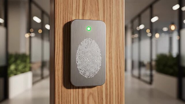 Close up of a brushed metal access control device with a green light and fingerprint icon on a wooden pillar in an office.