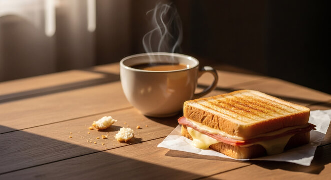 Breakfast scene with coffee cup and brazilian misto quente