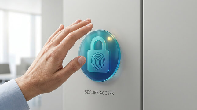 Biometric fingerprint security access authentication technology cybersecurity system for modern office data protection and digital identity verification on a high-tech glass touch sensor.