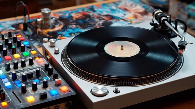 Turntable with vinyl record and DJ mixer