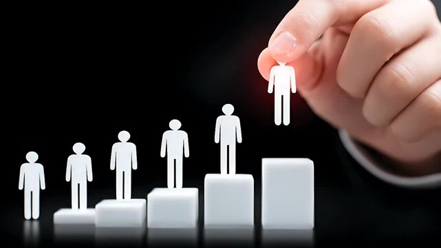 A hand places a figure on a rising bar graph with multiple figures on preceding steps