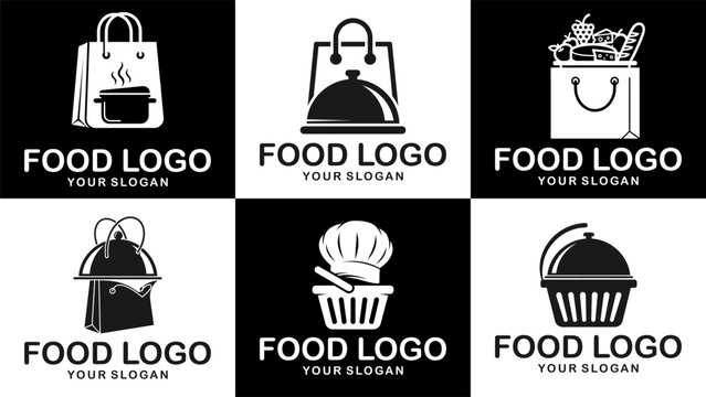 Creative food business logo set featuring grocery bag and cloche symbols. Clean style for cafe, catering, and online food service