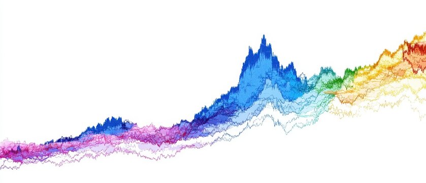 Rainbow gradient lines forming rising financial data trend.