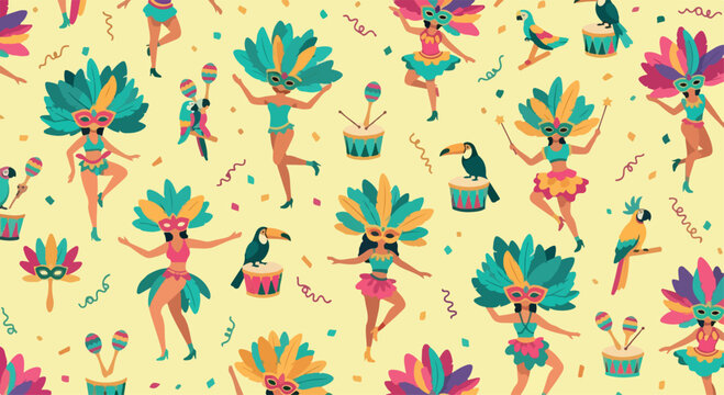 Vibrant patterned background featuring colorful dancing women in traditional costumes with floral accessories on a yellow surface.