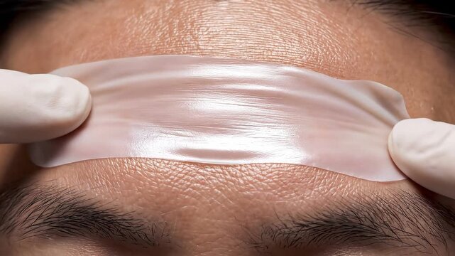 Close-up of a persons forehead with a clear, translucent patch being applied, likely for skincare or medical treatment, highlighting the texture of the skin and the patch.