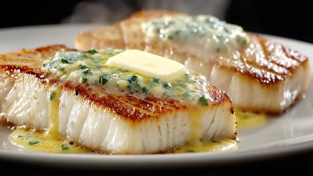 Two succulent fish fillets, seared to golden perfection, topped with herb butter, on a white plate