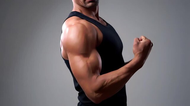 Muscular Man Flexing Biceps and Showcasing Strength in Studio