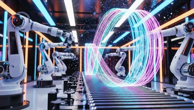 Automated Robotic Arms Orchestrating a Futuristic Production Line with Glowing Neon Energy Streams