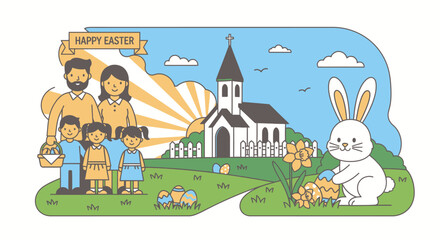 Naklejka premium Happy Easter Bunny with Family and Church.