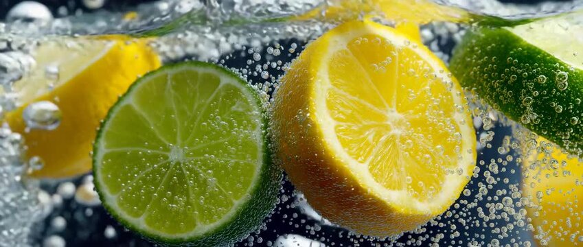Close-up of lemon and lime slices with bubbles submerged in sparkling water with ice cubes
