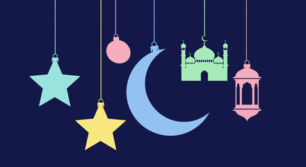 Ramadan decorations with crescent moon and stars. © Fauzi