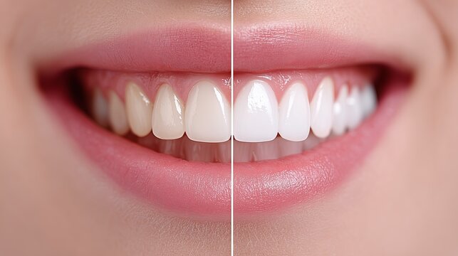 Closeup smile showing split before after whitening result, studiolit lips and teeth with left side natural