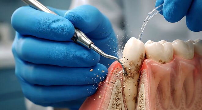 Dentist scaling tooth with water spray close-up procedure