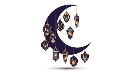 Crescent Moon with Hanging Lanterns Illustration. © Fauzi