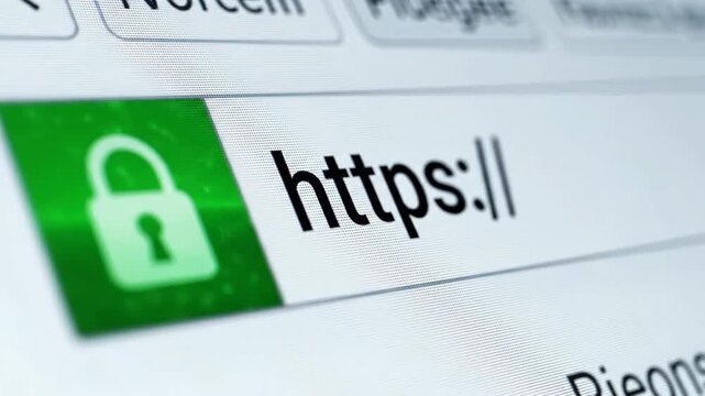 Close up of https protocol with green lock icon on a web browser bar.