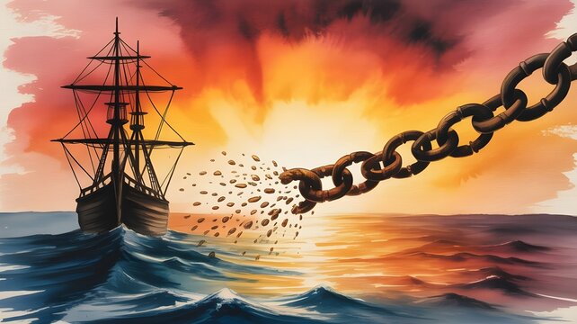 Watercolor design of a historic ship with chains, symbolizing the transatlantic slave trade, surrounded by memorial elements for International Day of Remembrance of the Victims of Slavery