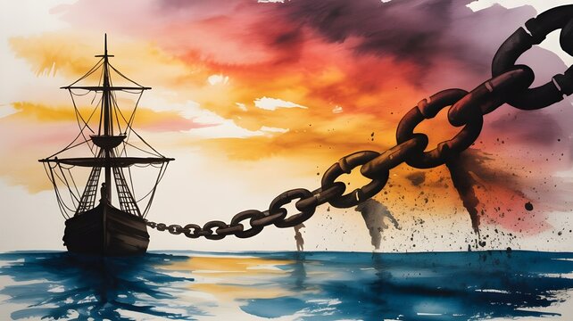 Watercolor design of a historic ship with chains, symbolizing the transatlantic slave trade, surrounded by memorial elements for International Day of Remembrance of the Victims of Slavery