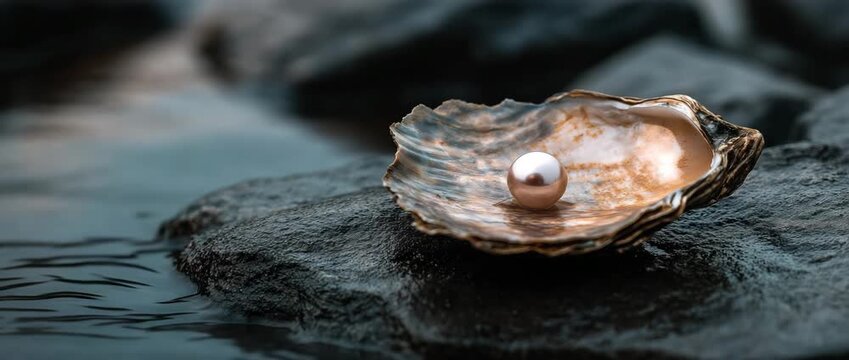 A single lustrous pearl rests inside an oyster shell on a dark, wet rock, symbolizing natural elegance and the beauty of the sea.
